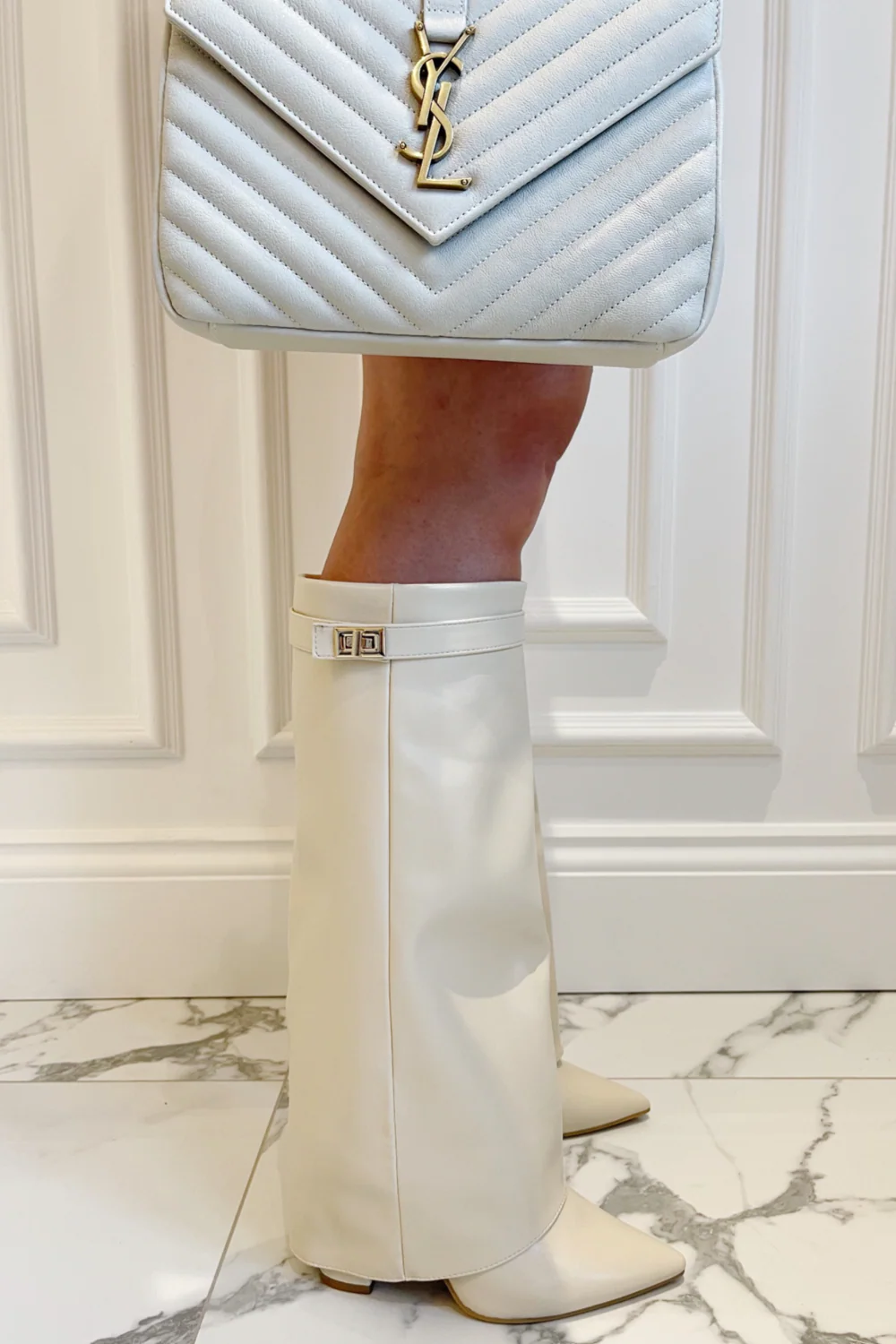 Kimmy beige knee high fold over heel boots - Image 6
