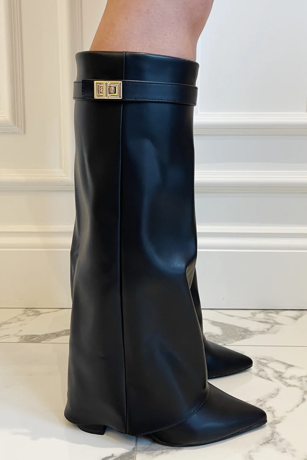 Kimmy black knee high fold over heel boots - Image 2