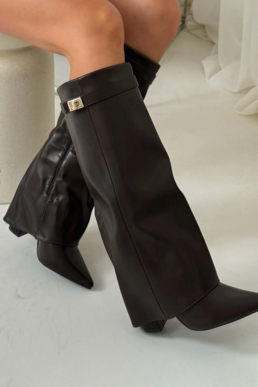 Kimmy chocolate knee high fold over heel boots - Image 3