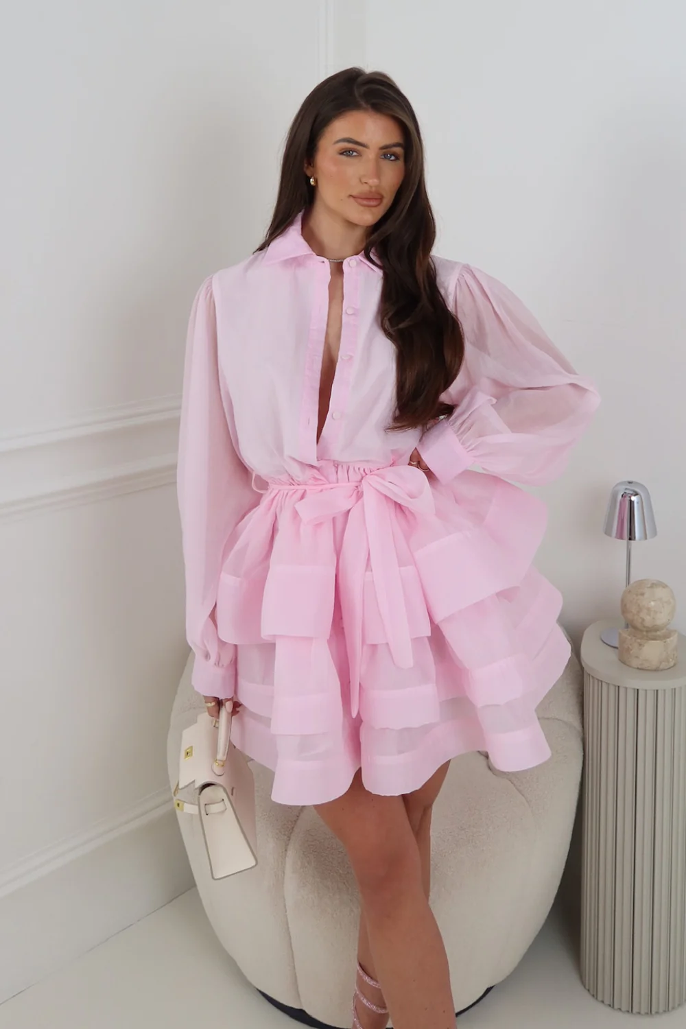 KIRA PINK FRILLED SHIRT DRESS