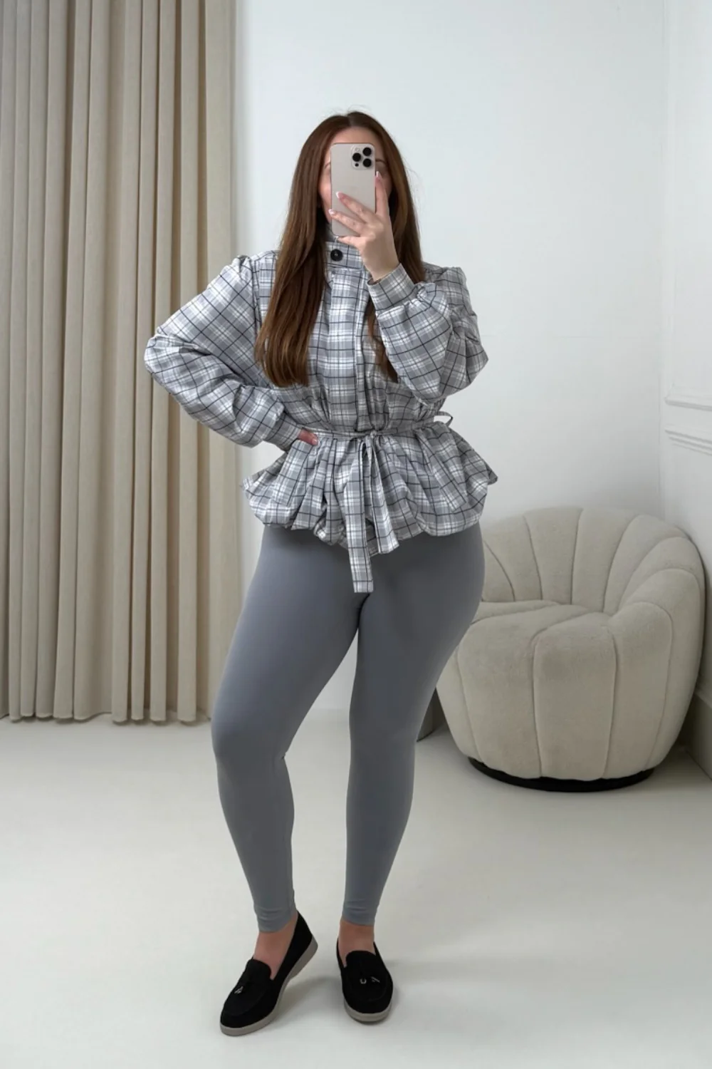 KODIE GREY CHECKED BELTED PUFF SLEEVE WINDBREAKER JACKET - Image 4