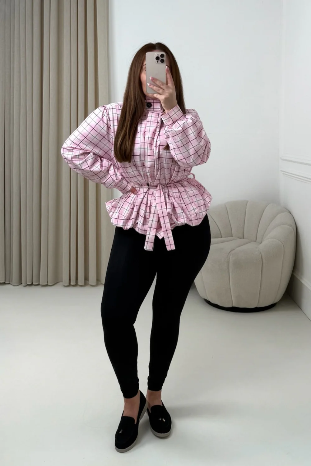 KODIE PINK CHECKED BELTED PUFF SLEEVE WINDBREAKER JACKET - Image 3