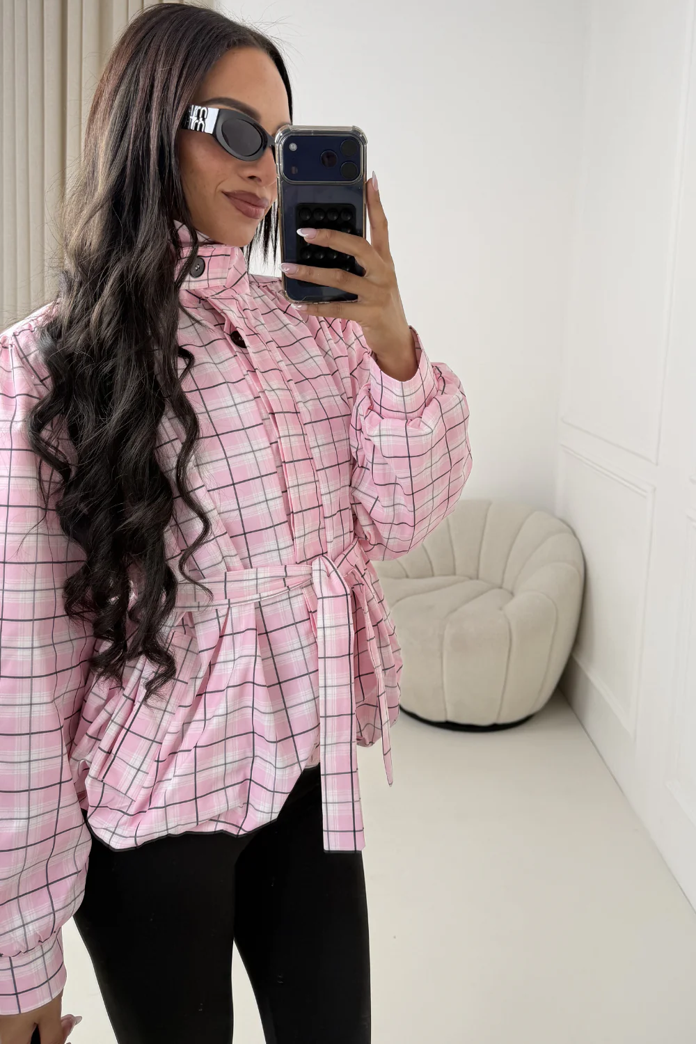 KODIE PINK CHECKED BELTED PUFF SLEEVE WINDBREAKER JACKET - Image 4
