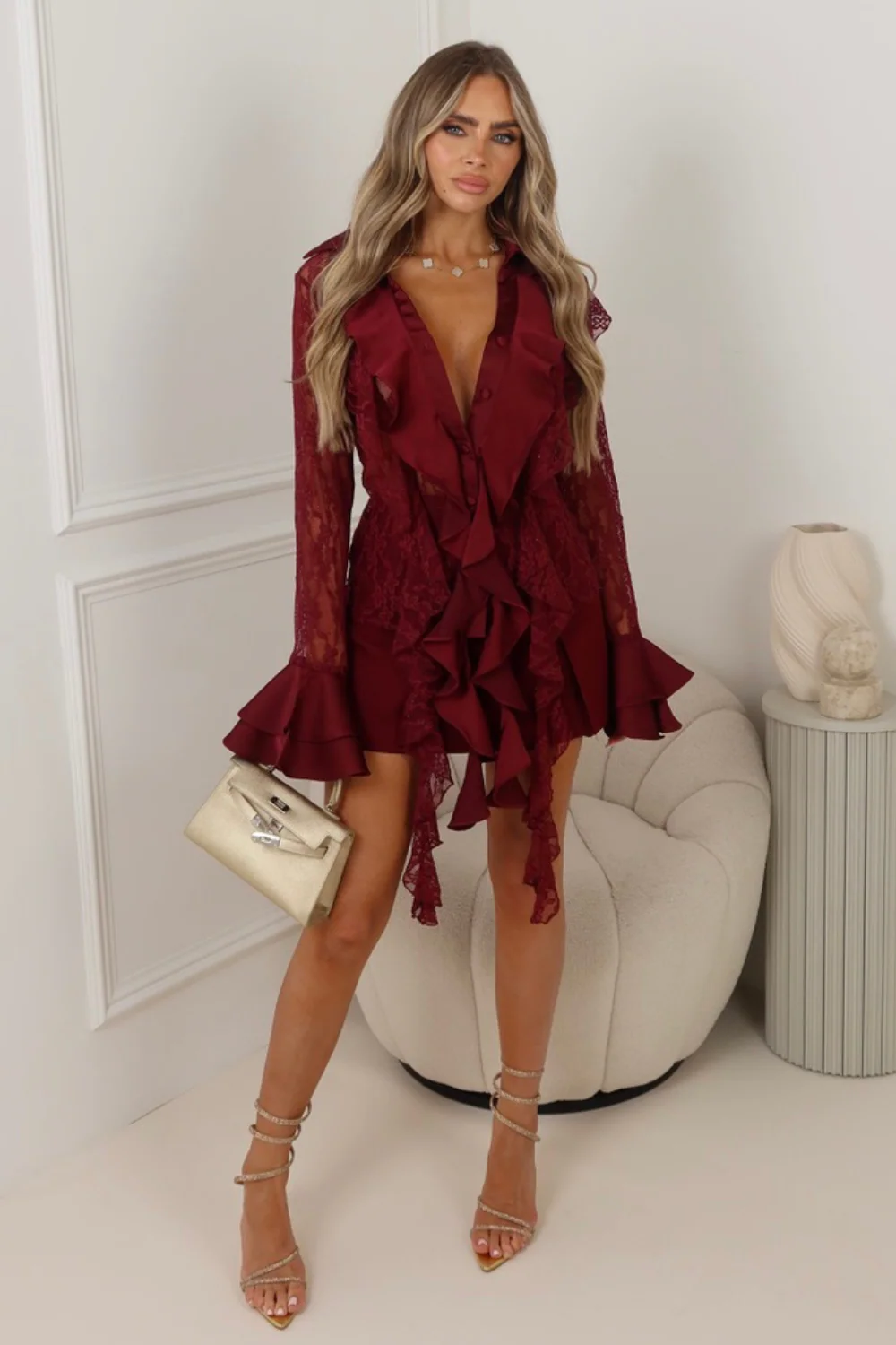 Kylie burgundy lace ruffle trim shirt - Image 2