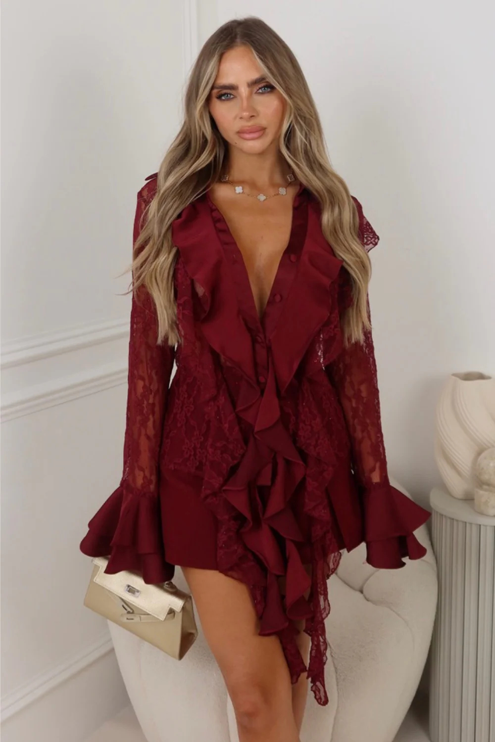 Kylie burgundy lace ruffle trim shirt - Image 3