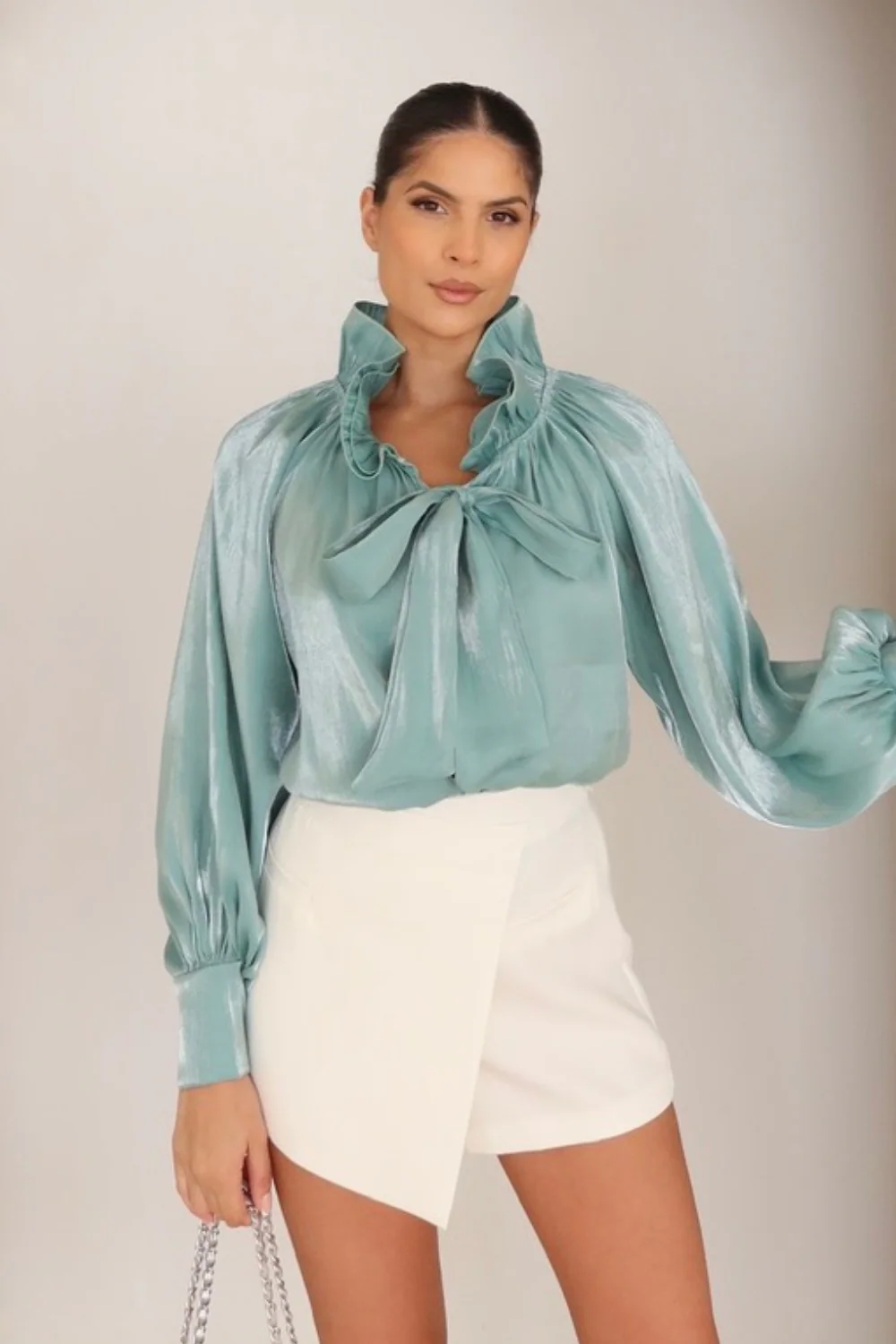 Kylie teal tie neck chiffon blouse - Image 2
