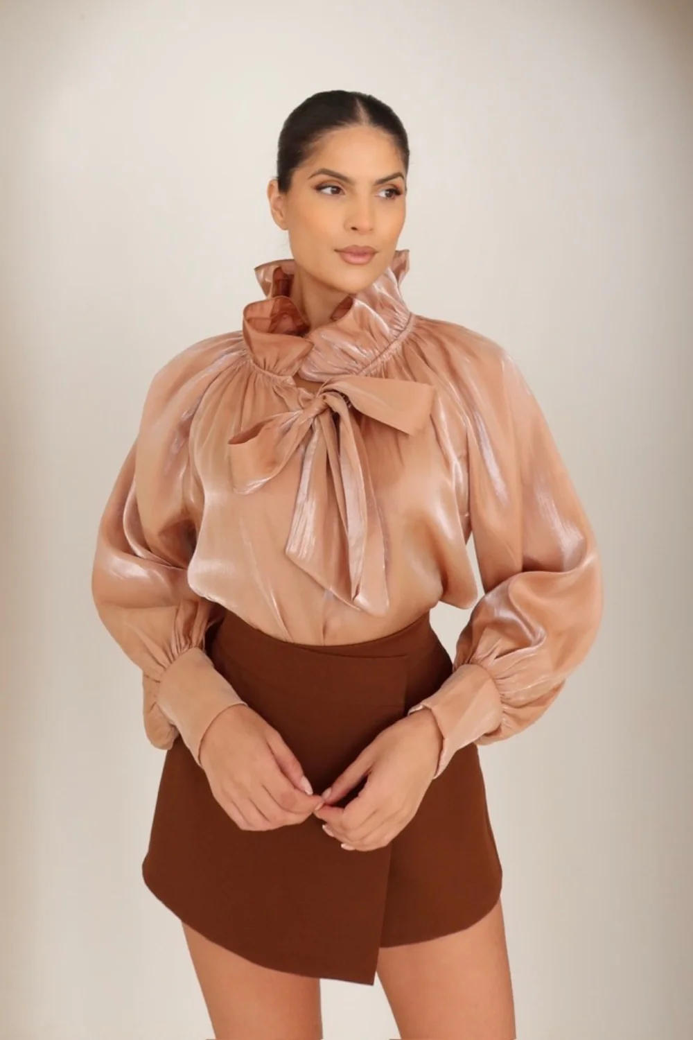 Kylie bronze tie neck chiffon blouse