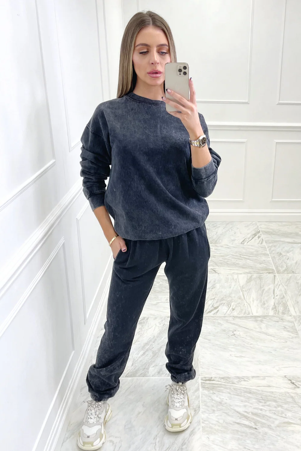 Kyra black acid wash oversized round neck sweater - Image 2