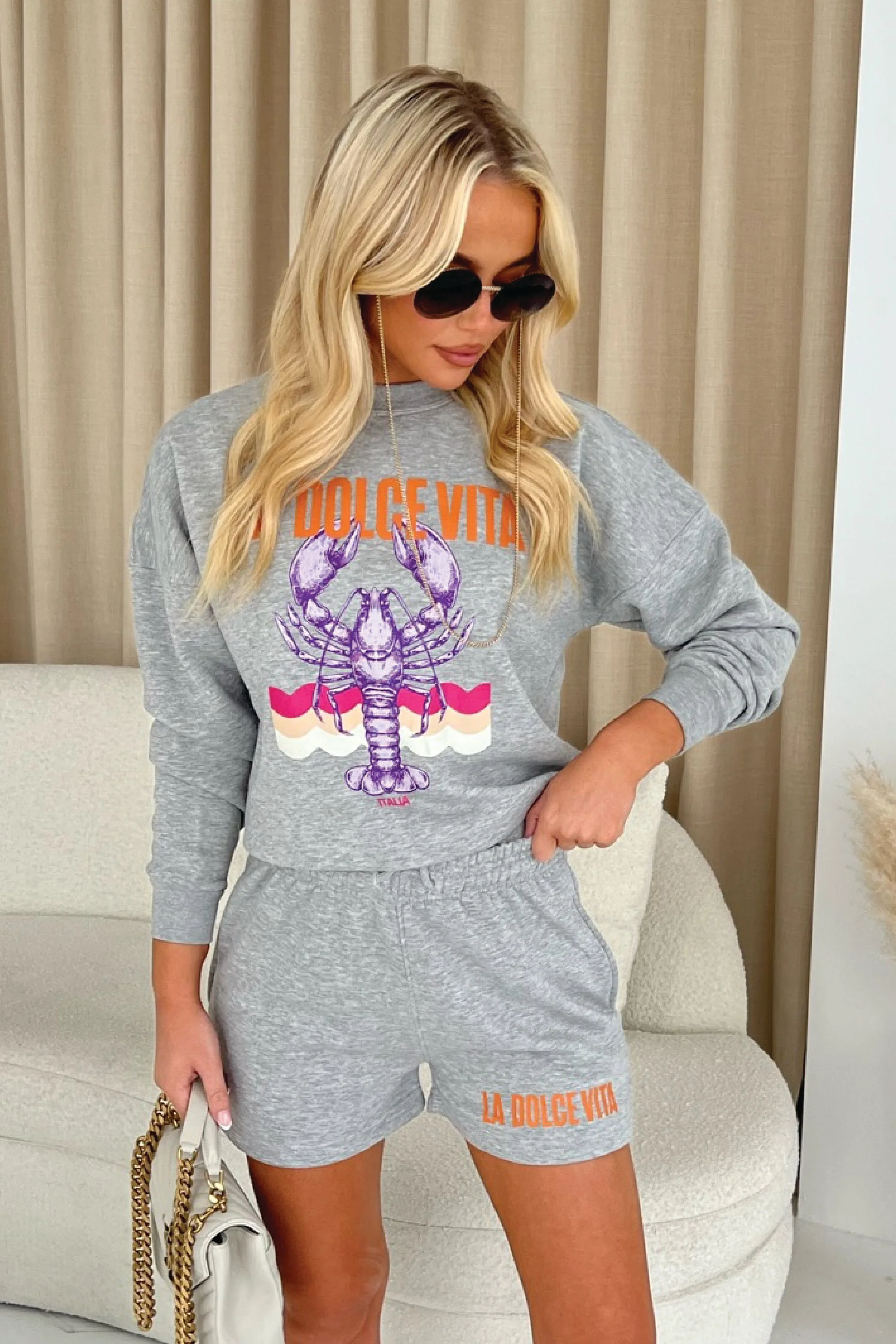 La Dolce Vita printed Melange Grey Premium Sweater Short Loungewear Set