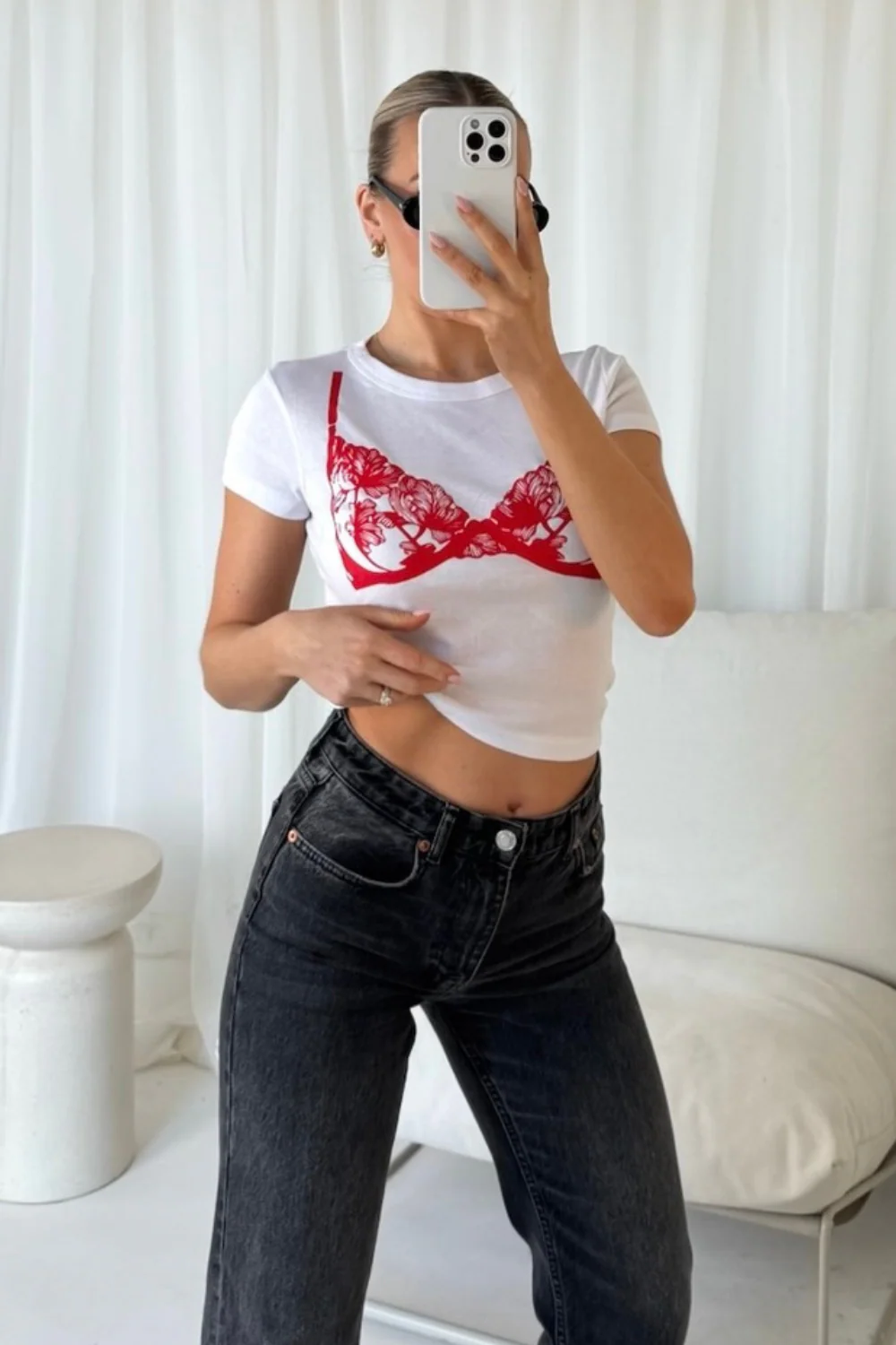 Lace bra red print white baby tee - Image 3