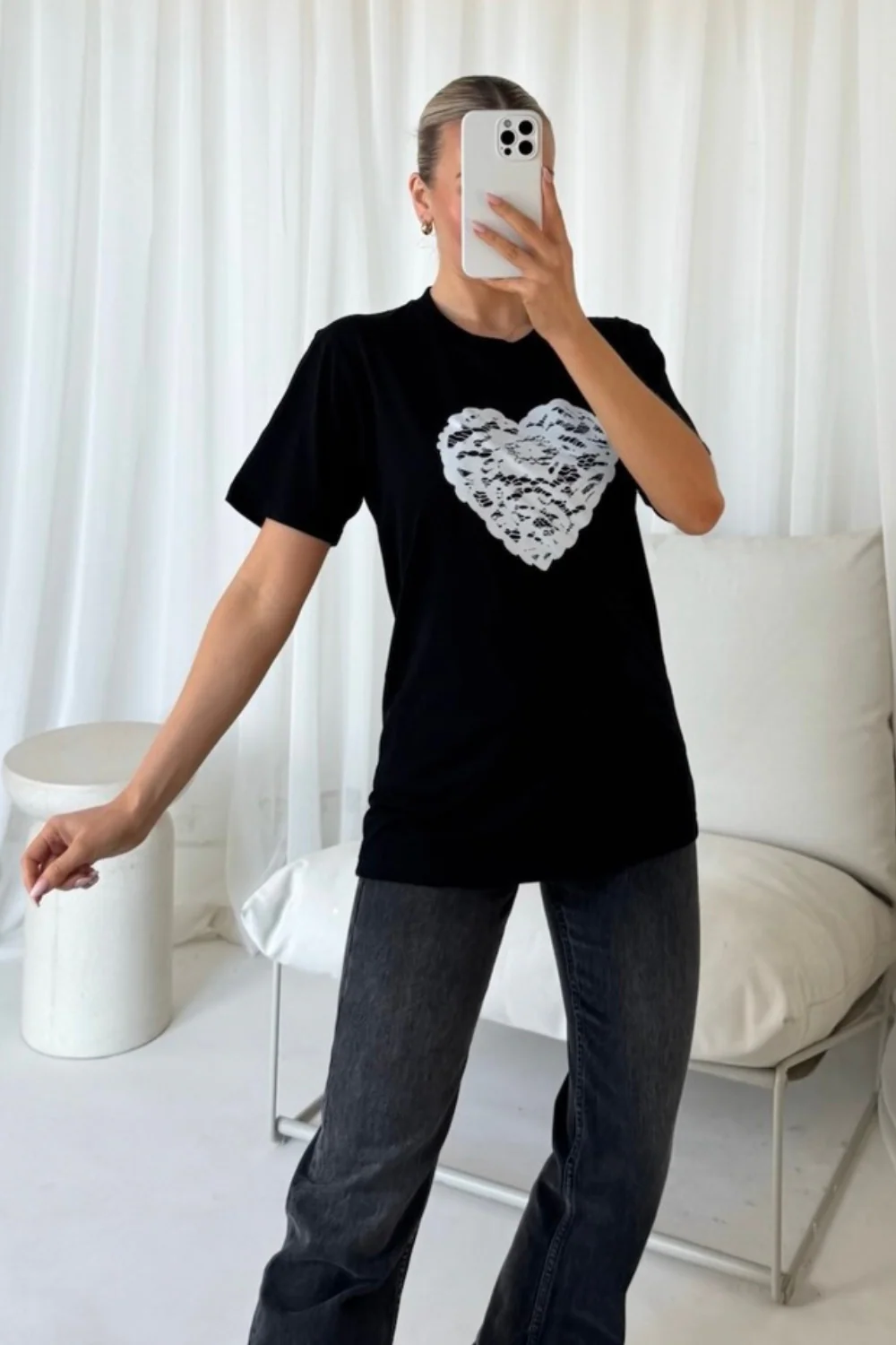 Lace heart black printed t-shirt - Image 2