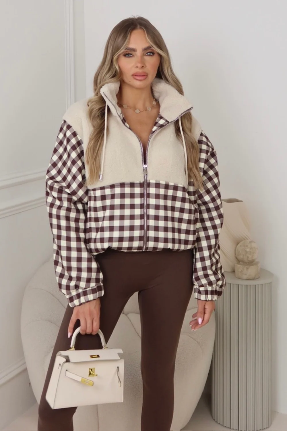 Lacey chocolate checkered zip up fleece - Image 3