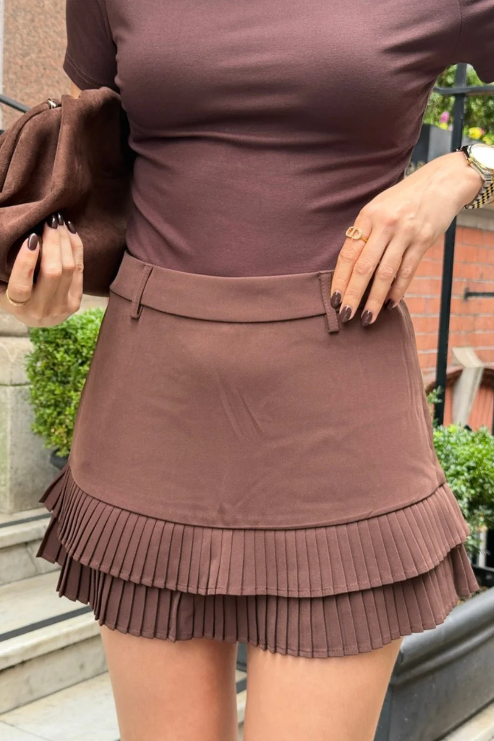 Lara chocolate pleated skirt with built in shorts - Image 2