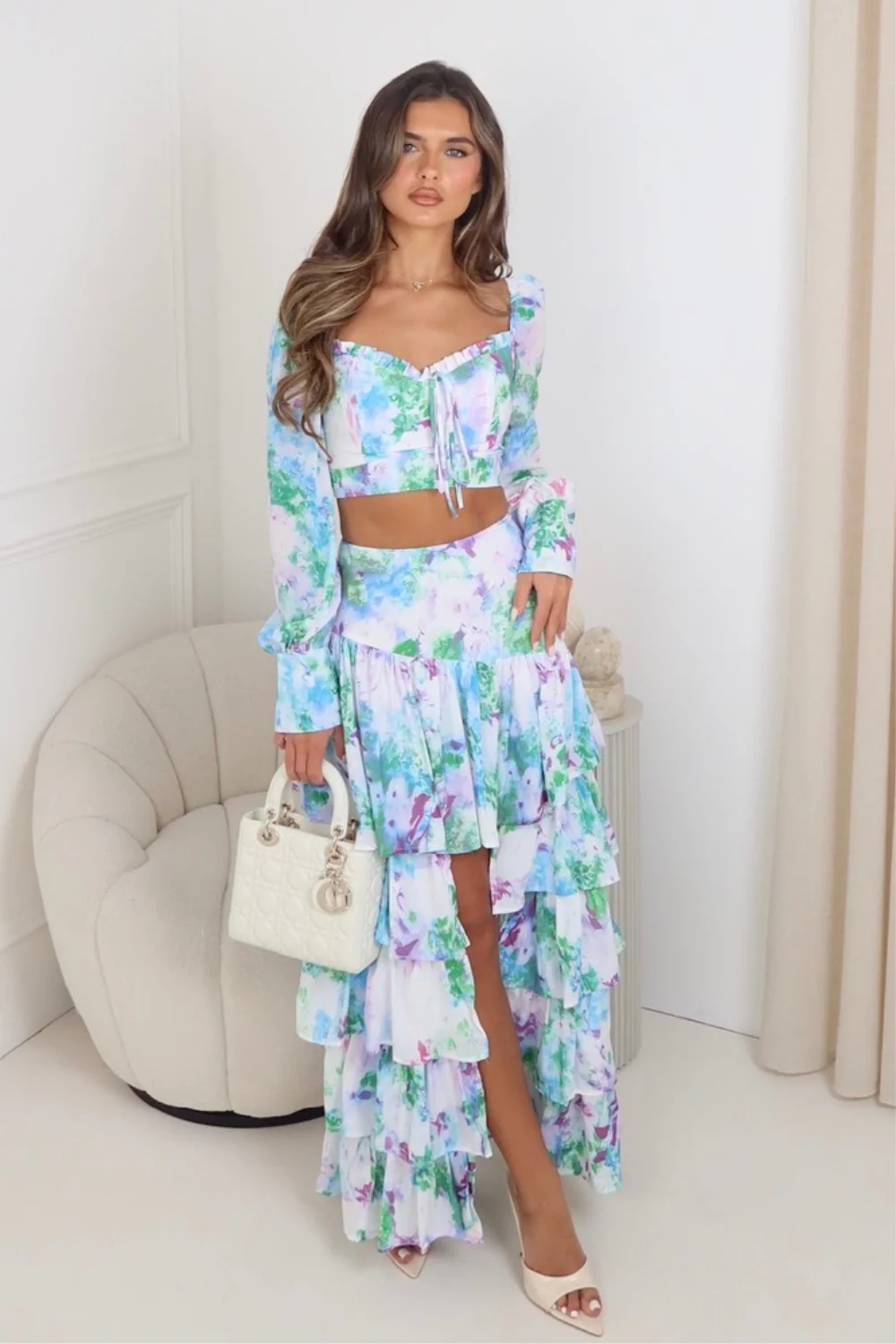 Larnie blue floral bardot long sleeve top & maxi skirt co ord - Image 2
