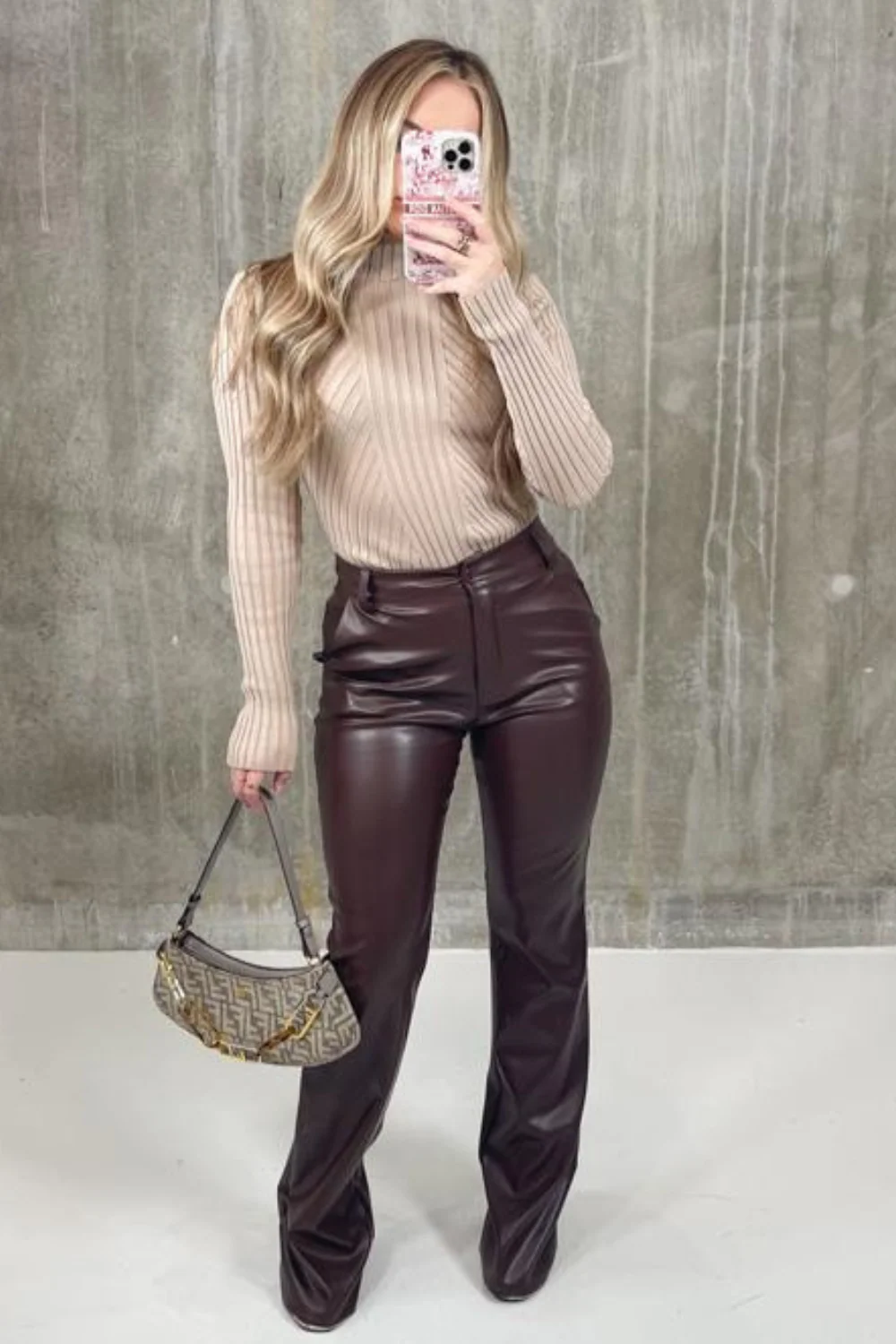 Larnie chocolate faux leather straight leg trousers - Image 3