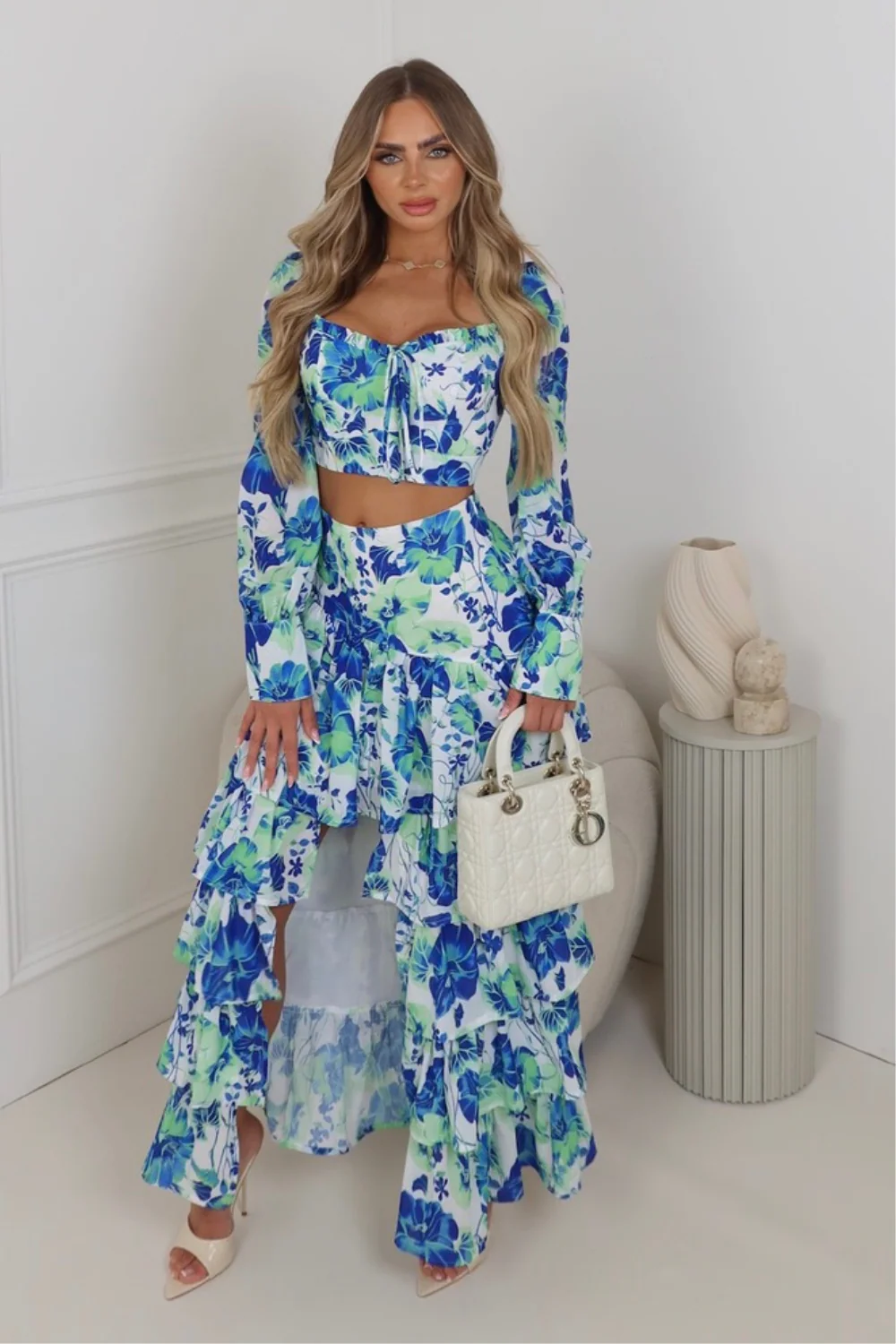 Larnie dark blue floral bardot long sleeve top & maxi skirt co ord