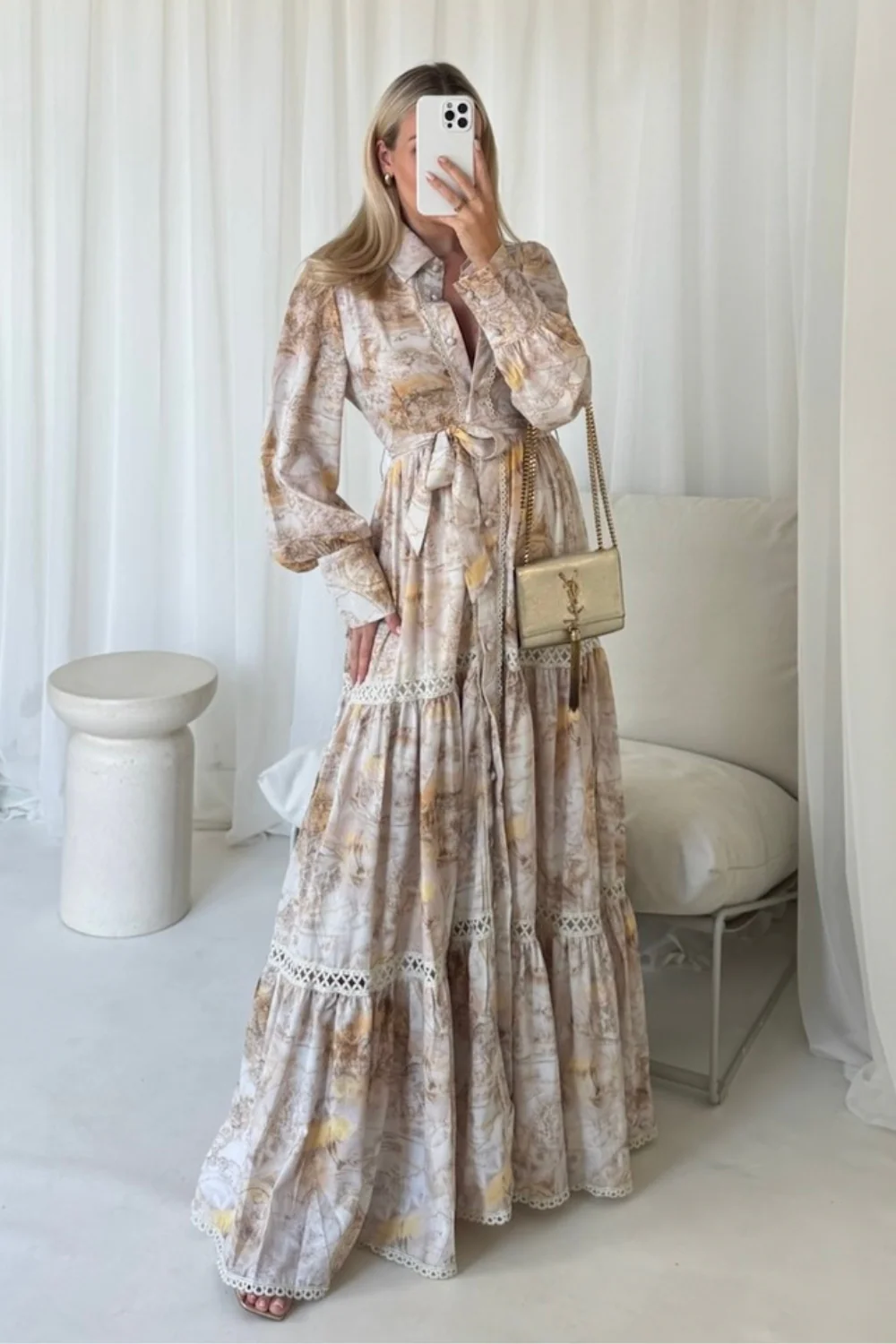 Laura beige a-line long sleeve patterned maxi dress - Image 3