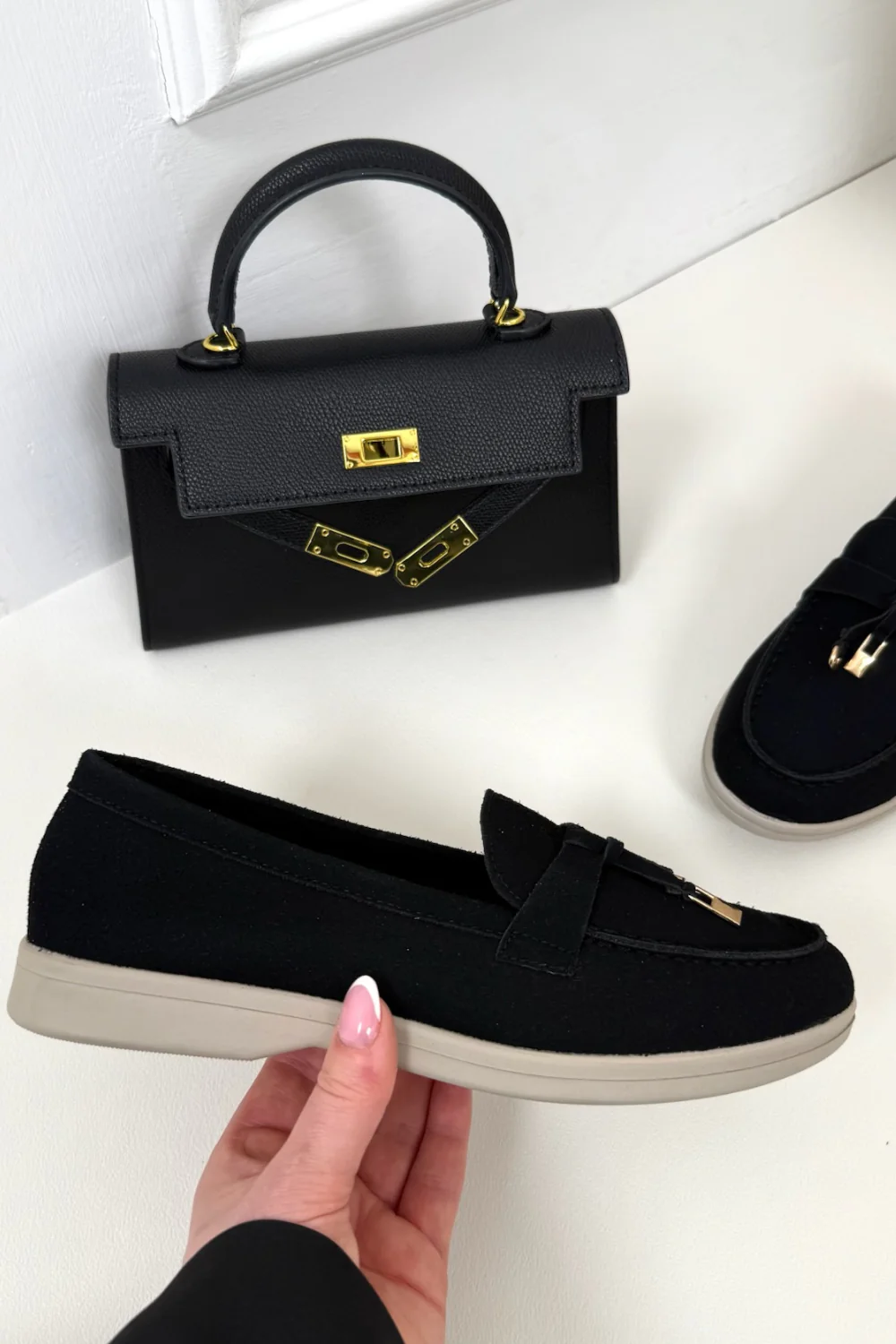 LAURA BLACK FAUX SUED GOLD TASSLE LOAFER