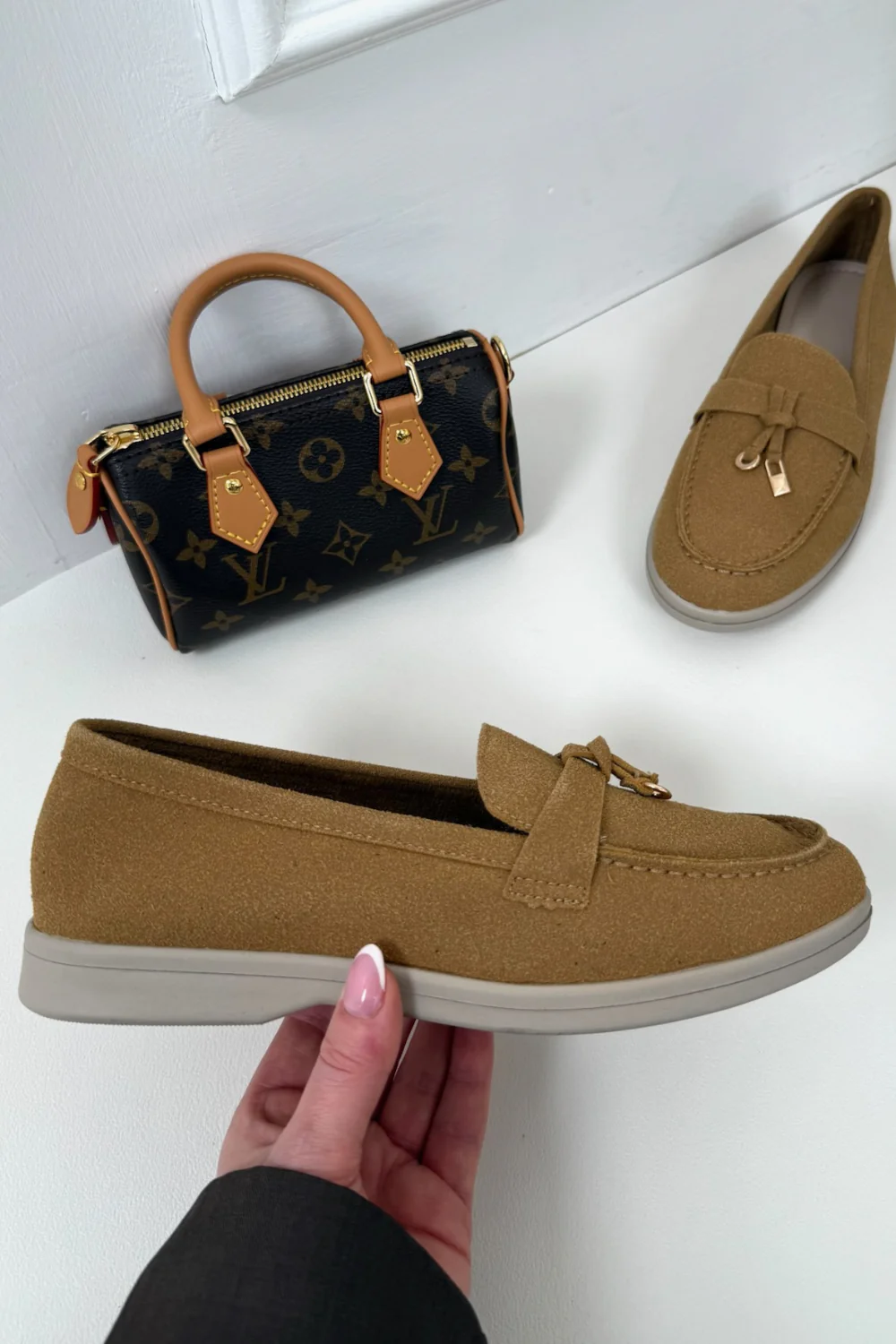 LAURA CAMEL FAUX SUED GOLD TASSLE LOAFER
