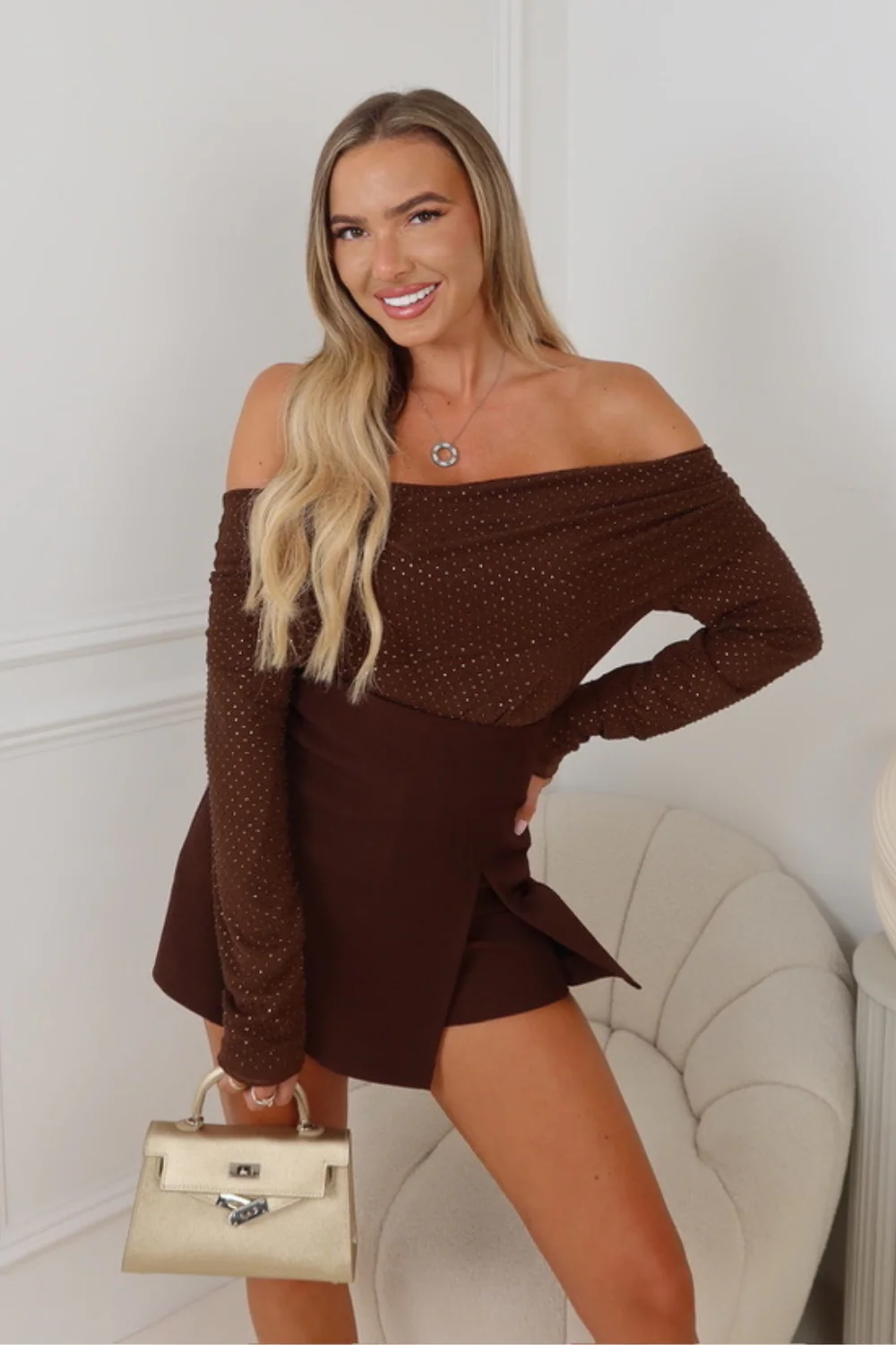 Laura chocolate diamante off the shoulder top - Image 3