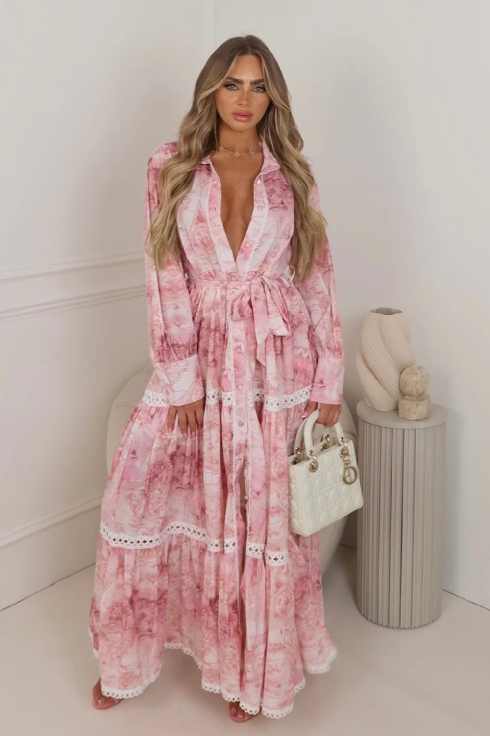 Laura pink a-line long sleeve patterned maxi dress
