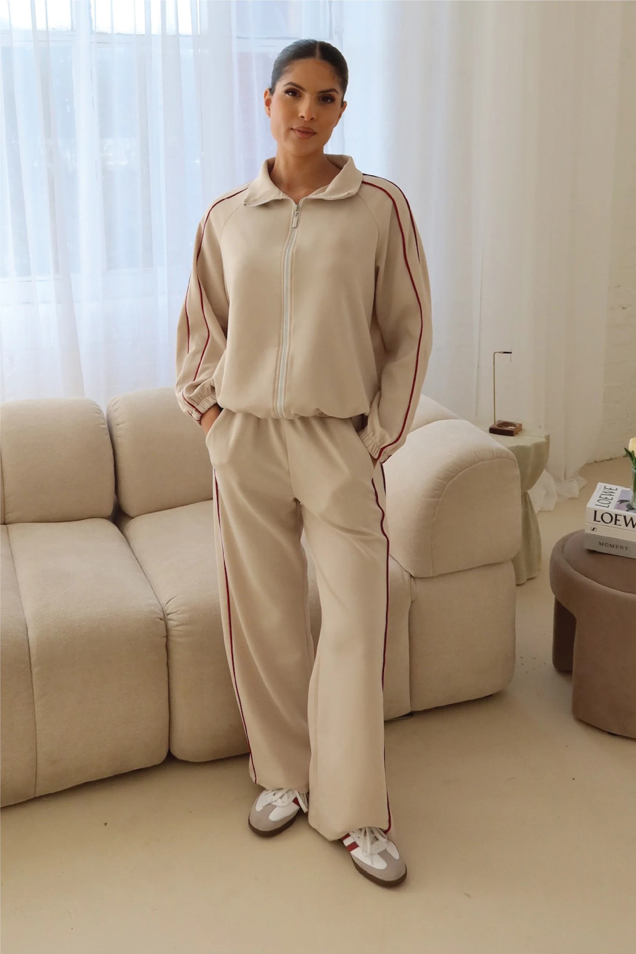 Lauren beige contrast piping zip jacket & trouser loungewear - Image 3