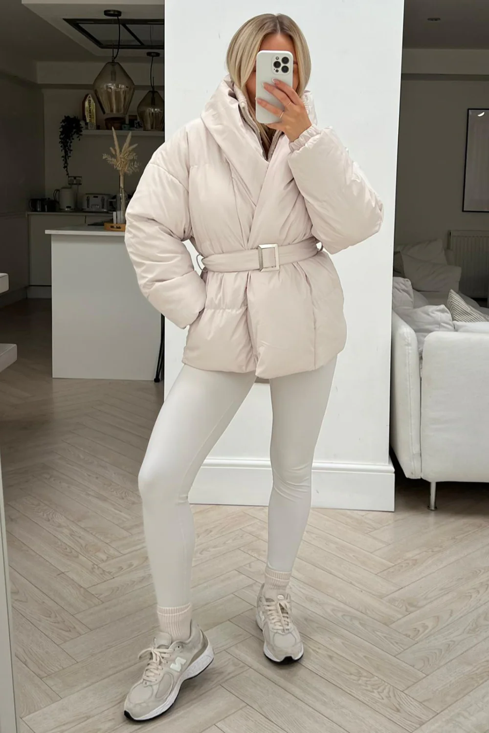 lauren beige short belted puffer coat - Image 3
