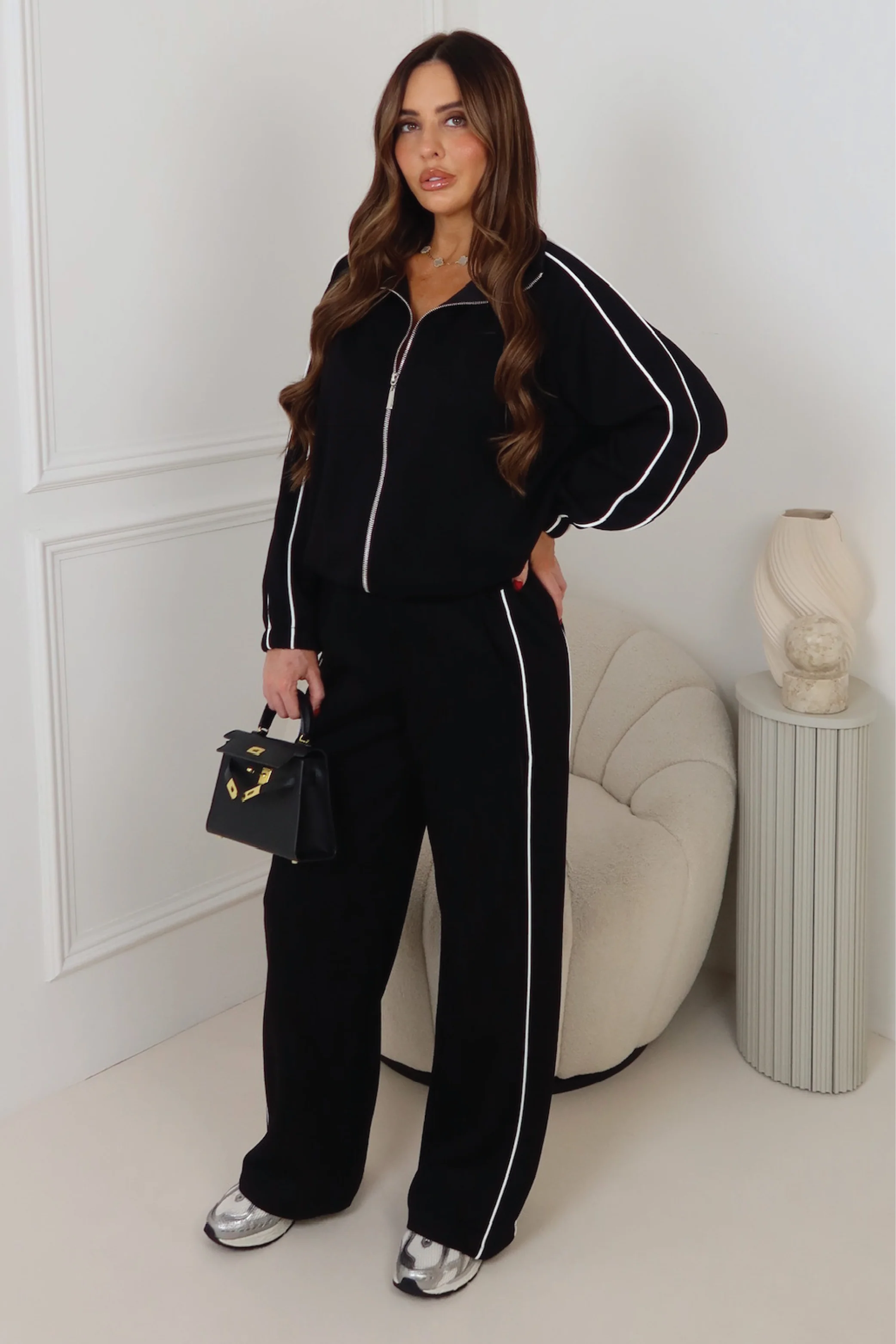 LAUREN BLACK CONTRAST PIPING ZIP JACKET TROUSER CO ORD TWO PIECE SET