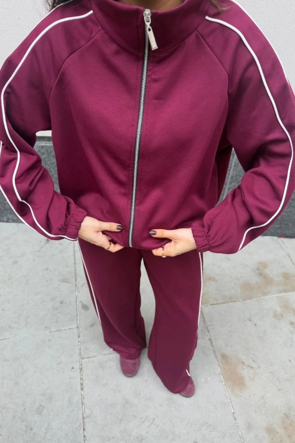 Lauren burgundy contrast piping zip jacket & trouser loungewear - Image 2