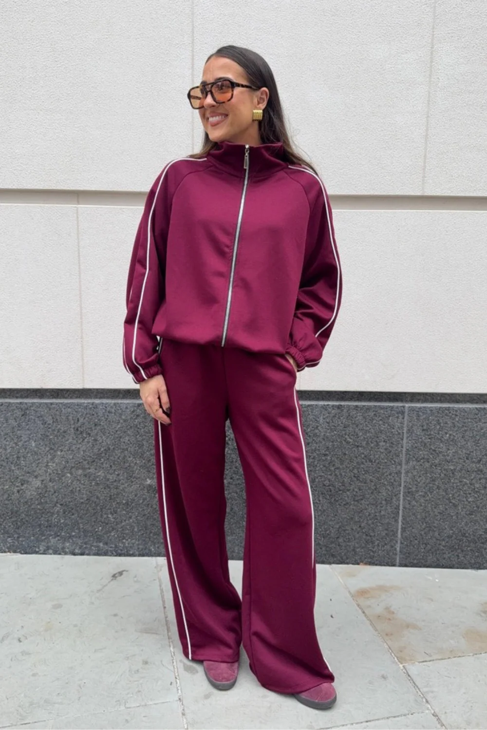 Lauren burgundy contrast piping zip jacket & trouser loungewear - Image 3