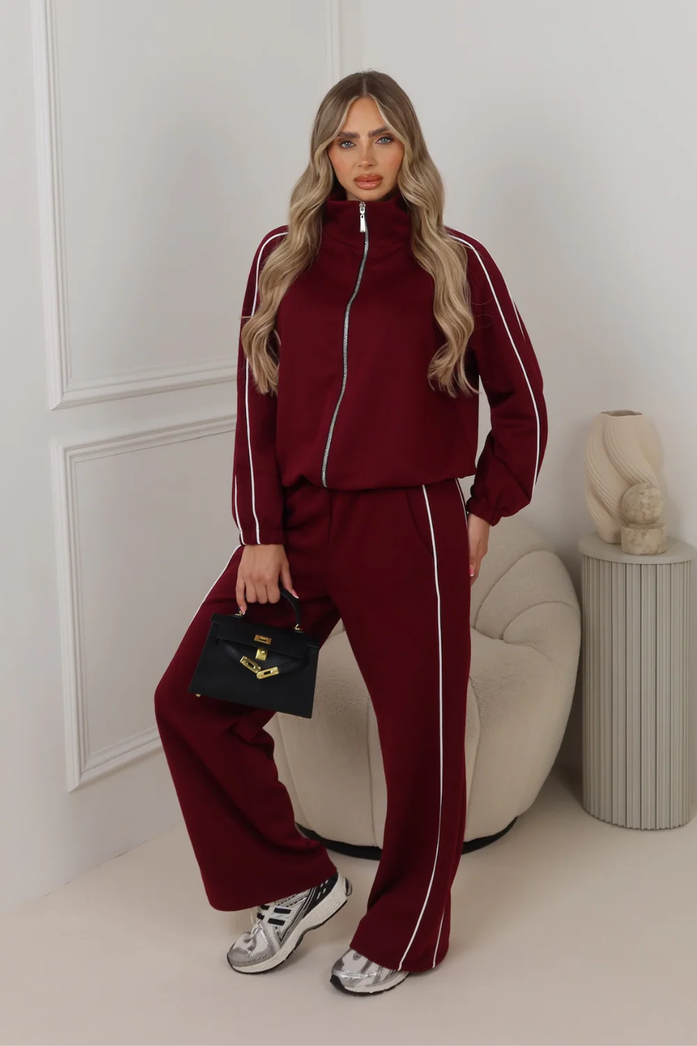 Lauren burgundy contrast piping zip jacket & trouser loungewear - Image 4