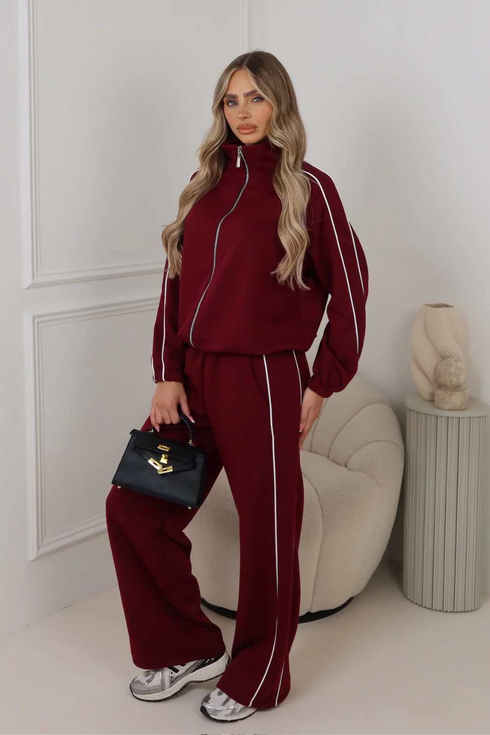 Lauren burgundy contrast piping zip jacket & trouser loungewear - Image 5