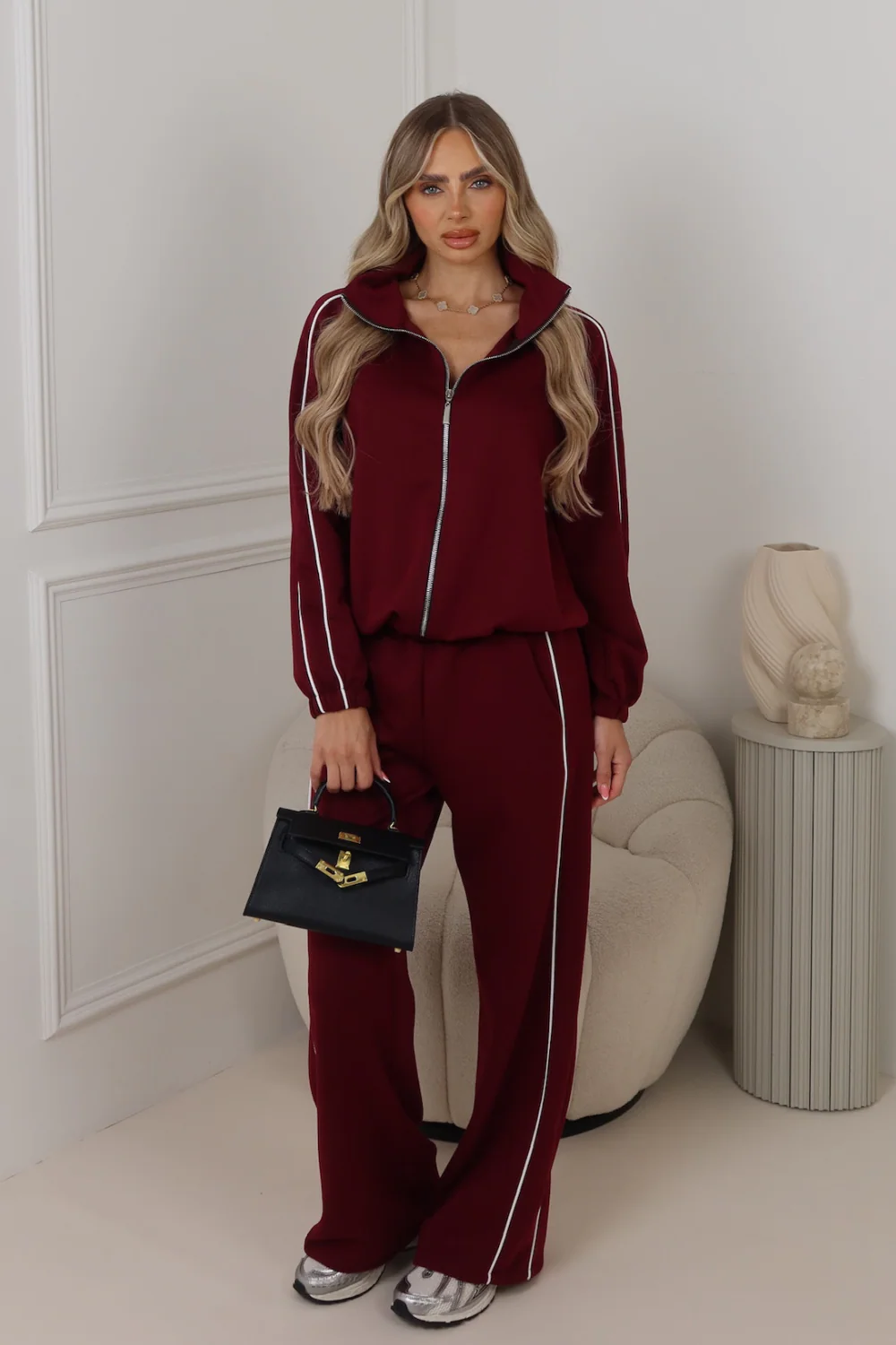 Lauren burgundy contrast piping zip jacket & trouser loungewear - Image 6
