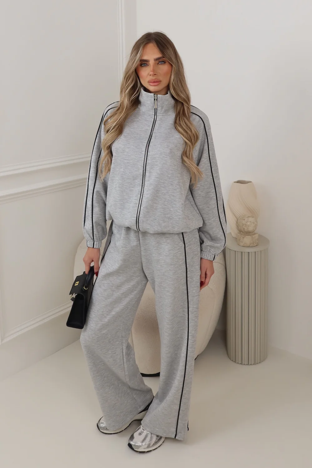 LAUREN GREY CONTRAST PIPING ZIP JACKET TROUSER CO ORD TWO PIECE SET