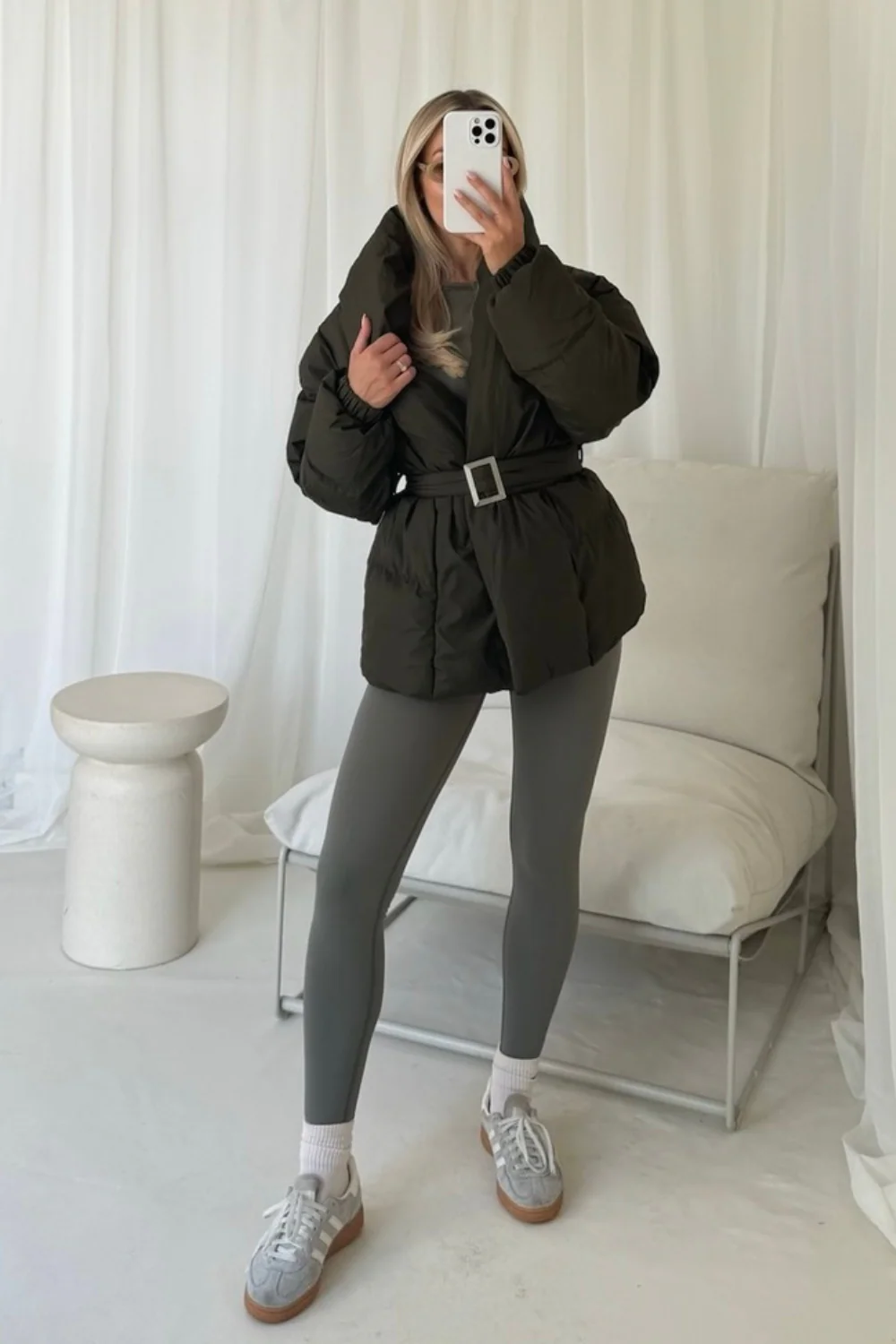 lauren khaki short belted puffer coat - Image 2