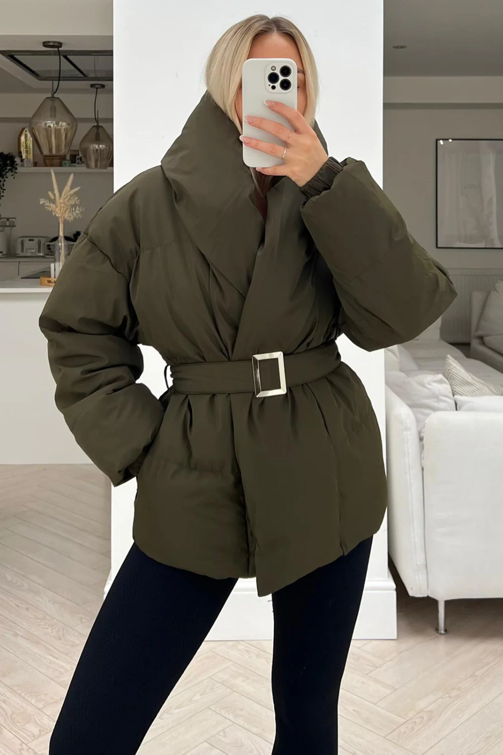 lauren khaki short belted puffer coat - Image 3