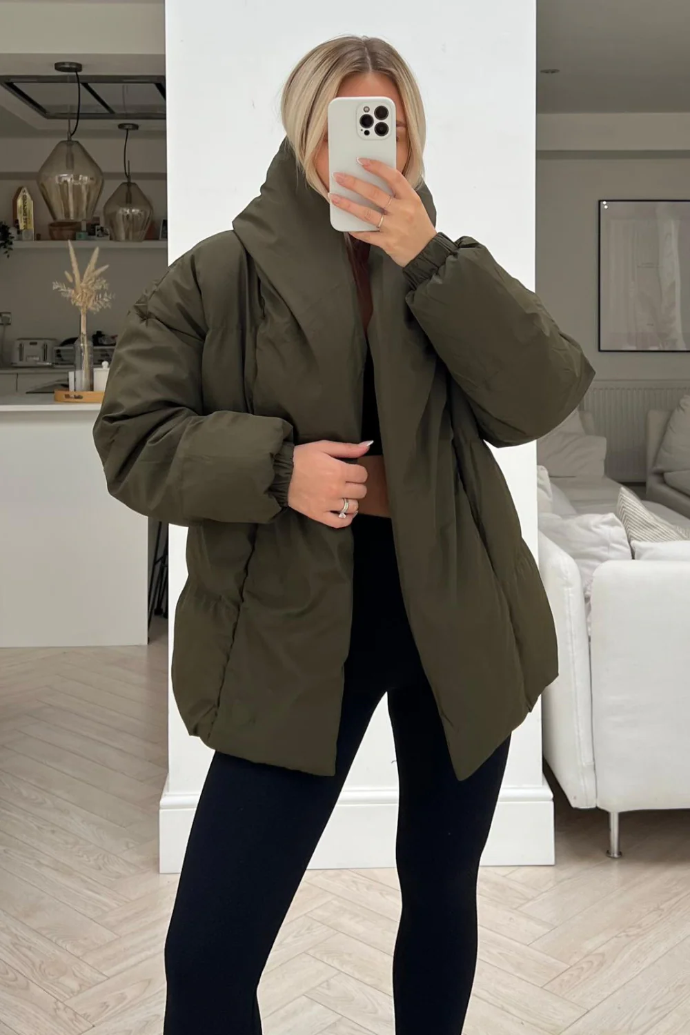 lauren khaki short belted puffer coat - Image 4