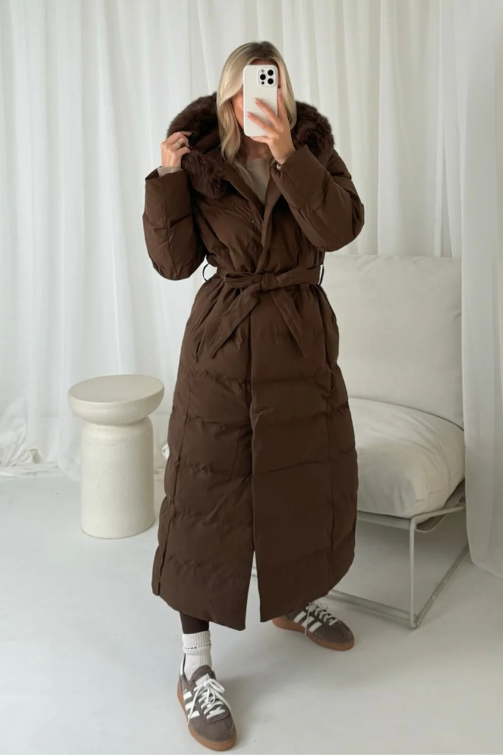 Laurena chocolate long padded hooded puffer coat - Image 2