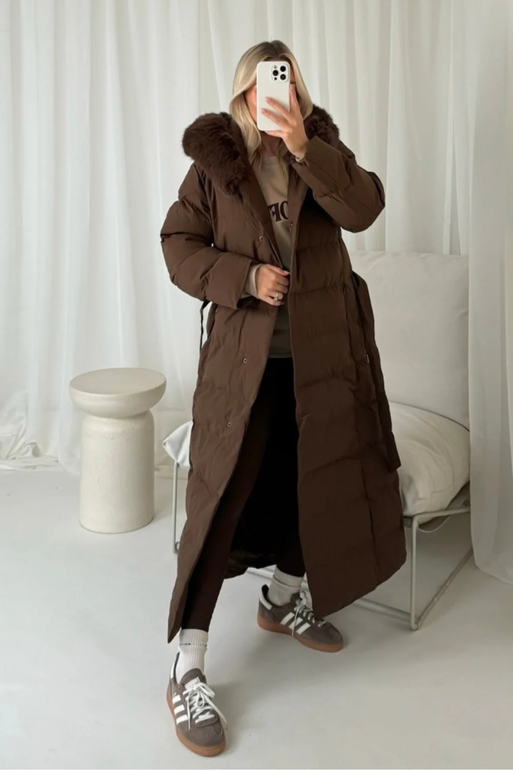 Laurena chocolate long padded hooded puffer coat - Image 3