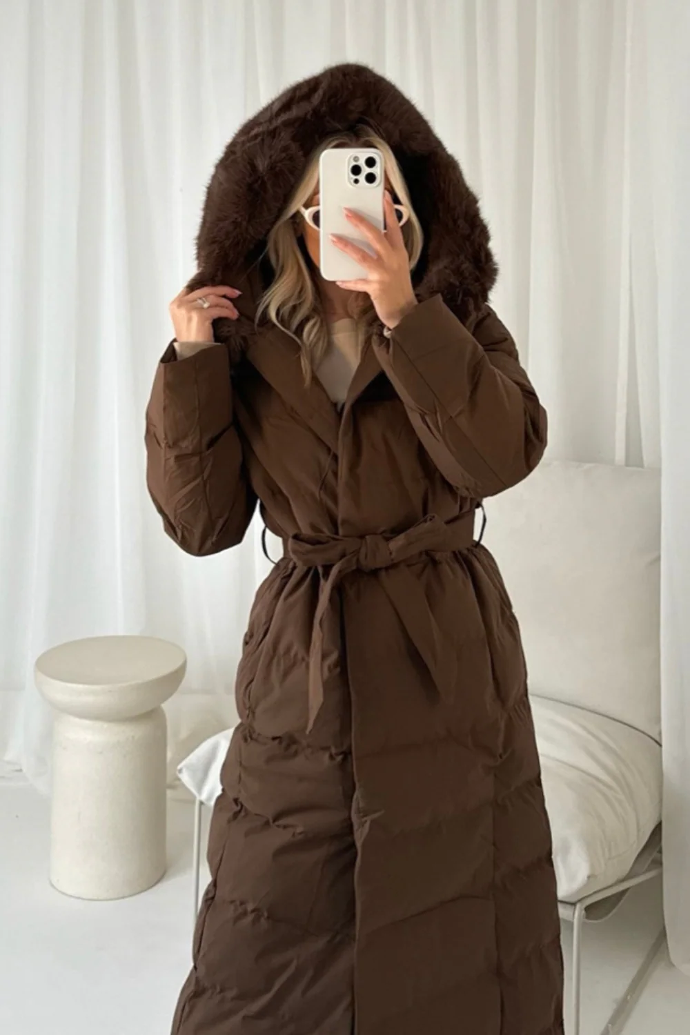 Laurena chocolate long padded hooded puffer coat - Image 4