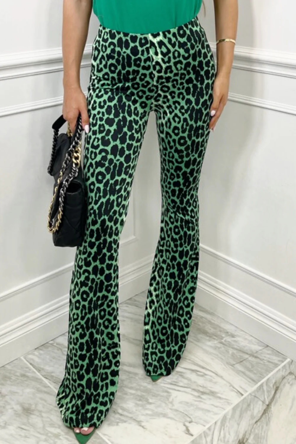 Laurie green animal print flared high waist trousers - Image 2