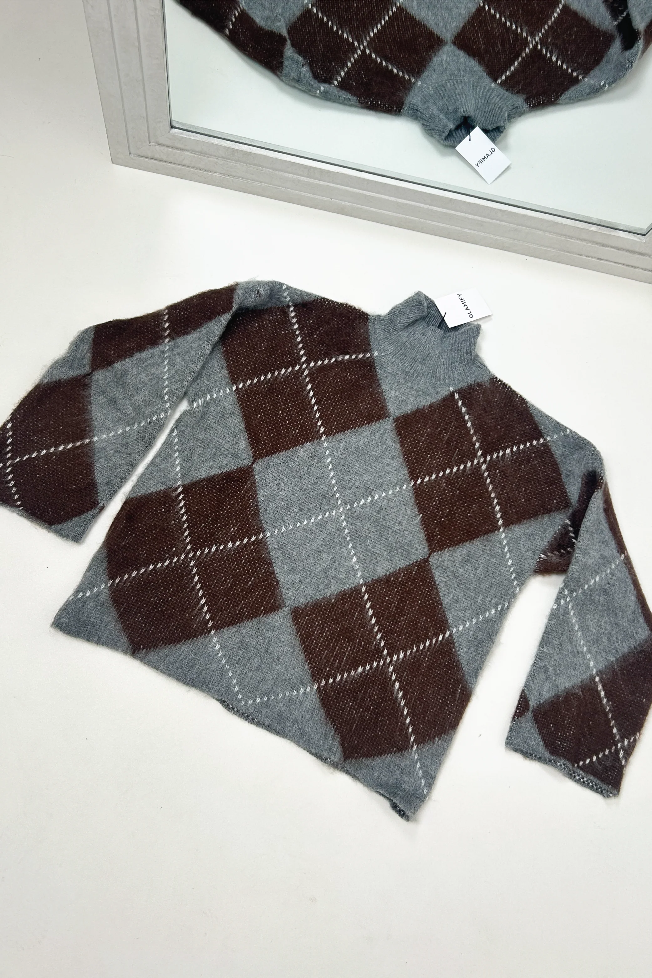 LAVERNE LIGHT GREY CHOCOLATE CHECKED HIGH NECK KNITTED JUMPER - Image 2