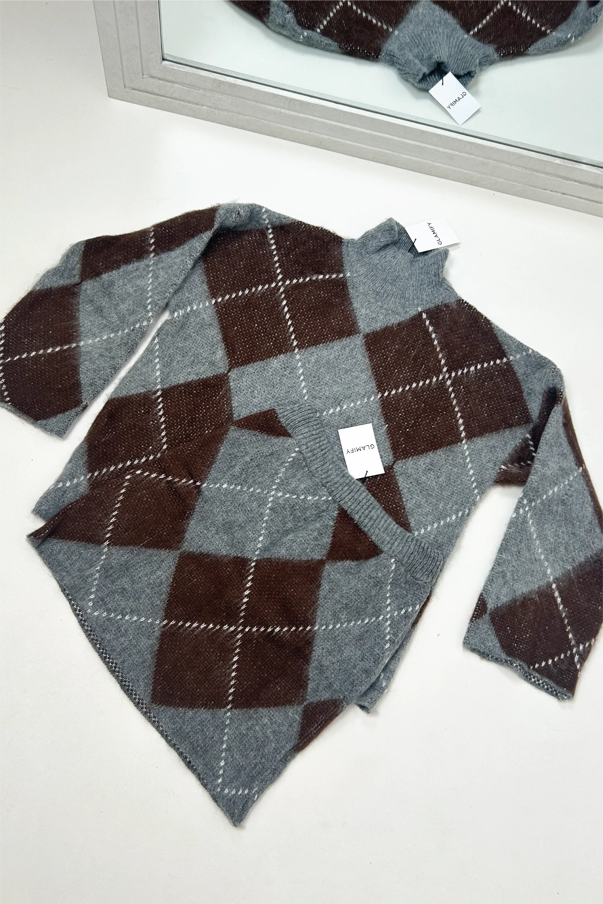 LAVERNE LIGHT GREY CHOCOLATE CHECKED HIGH NECK KNITTED JUMPER - Image 3