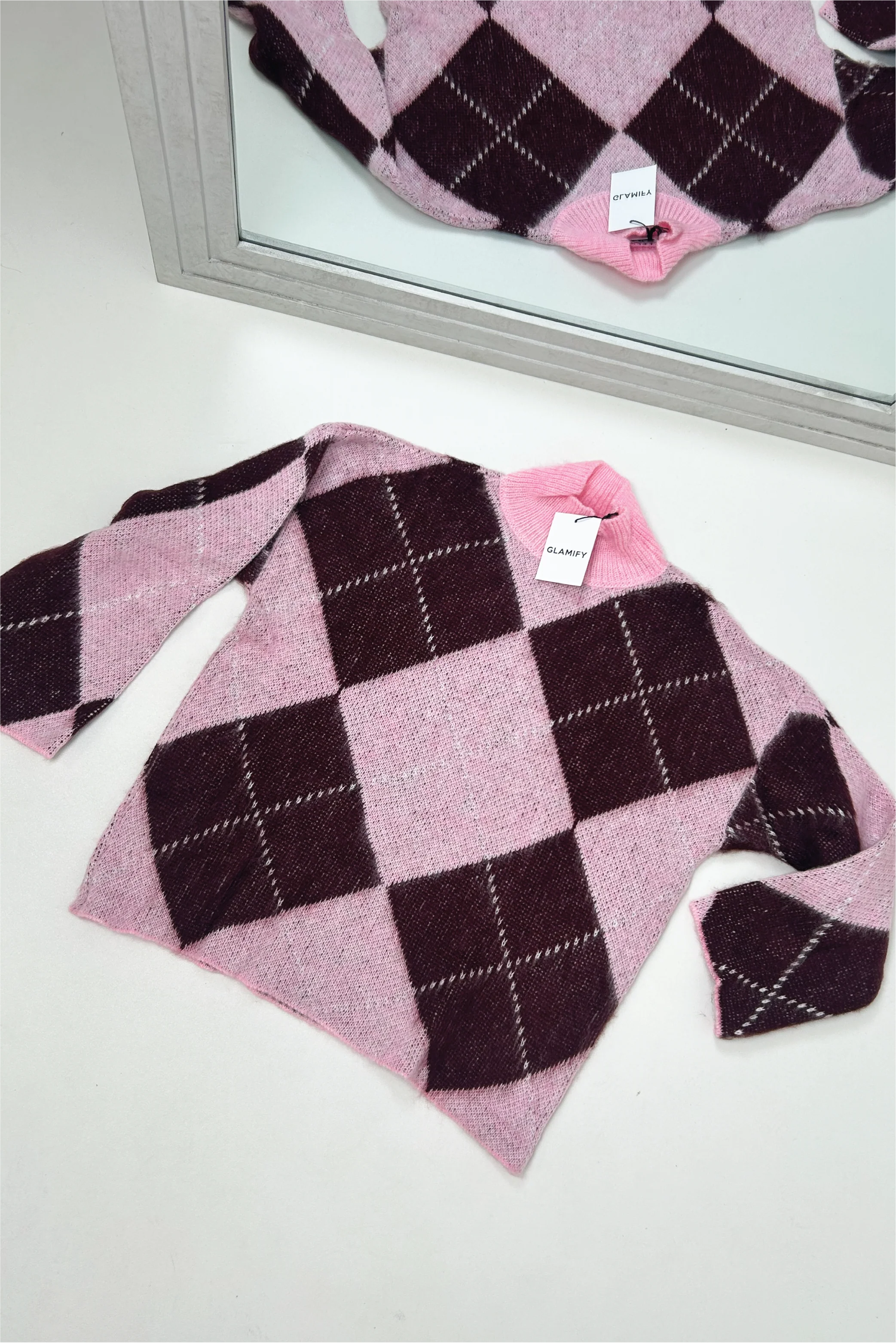 LAVERNE PINK WINE CHECKED HIGH NECK KNITTED JUMPER - Image 2