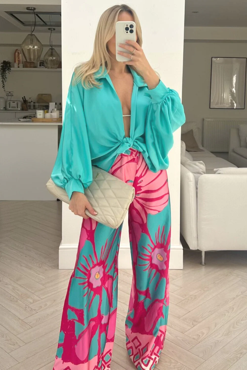 leila teal & pink floral shirt trouser coord