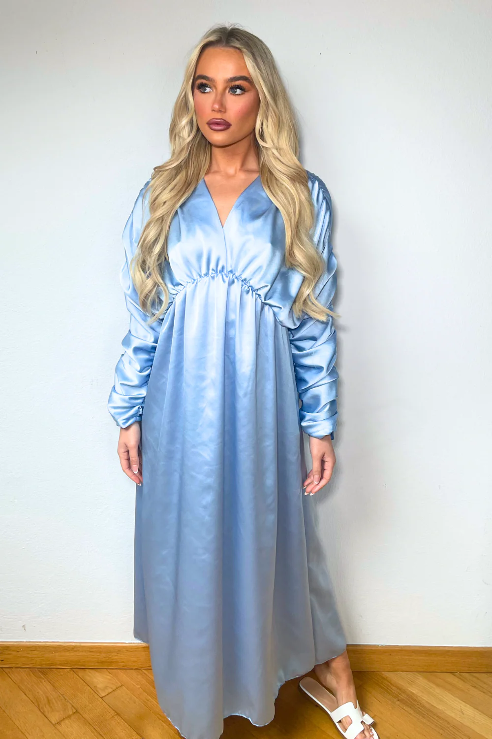 Leilani blue plunge neck ruched dress