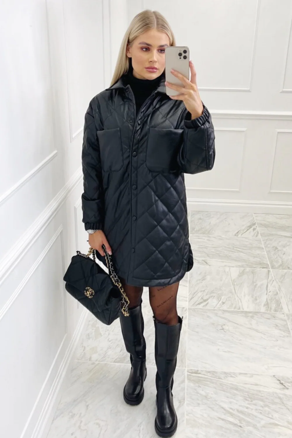 Lennie black pu diamond stitch shacket - Image 2