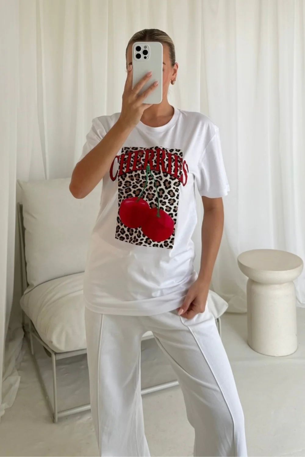 Leopard cherry printed white t-shirt - Image 2