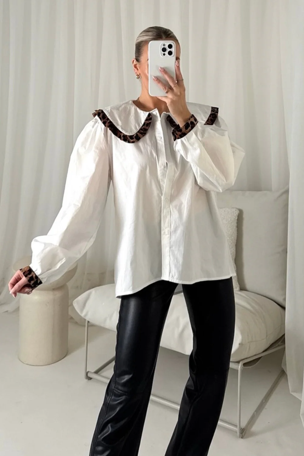 Libby white & leopard shirt with oversized frill collar - Image 5