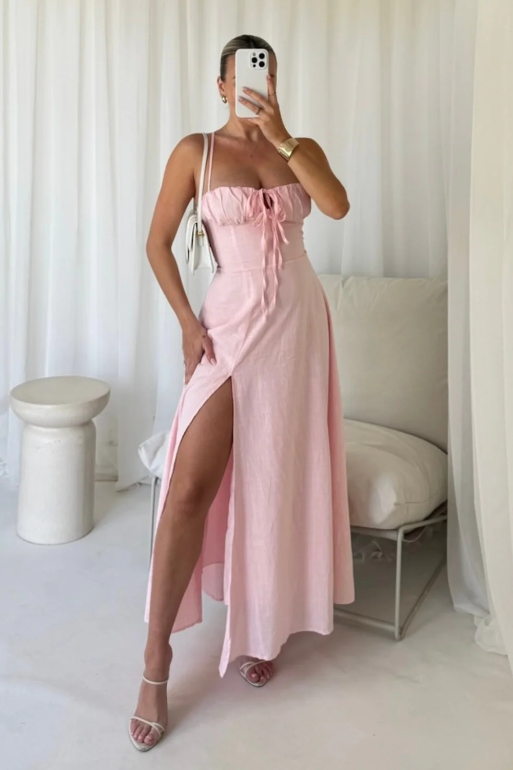 Linda pink linen look split leg maxi dress - Image 2